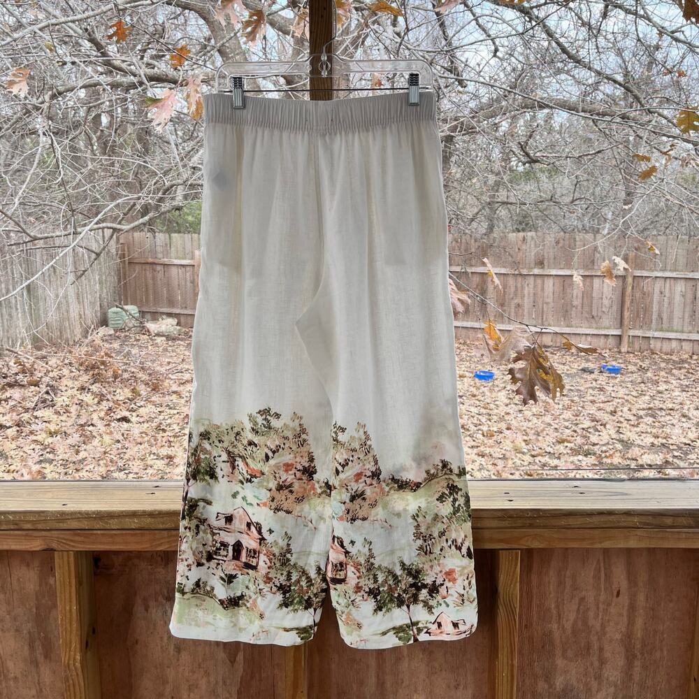 Tahari Women's 100% Linen White Landscape Print Wide Leg Pants Size M
